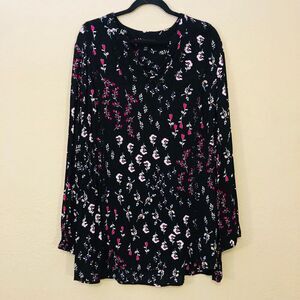 Lane Bryant Black Floral Print Tunic Top w/ Balloon Sleeves & Crochet Details